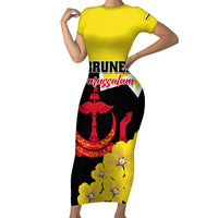 Brunei Darussalam National Day Short Sleeve Bodycon Dress Coat Of Arms Simpor Flower - Wonder Print Shop
