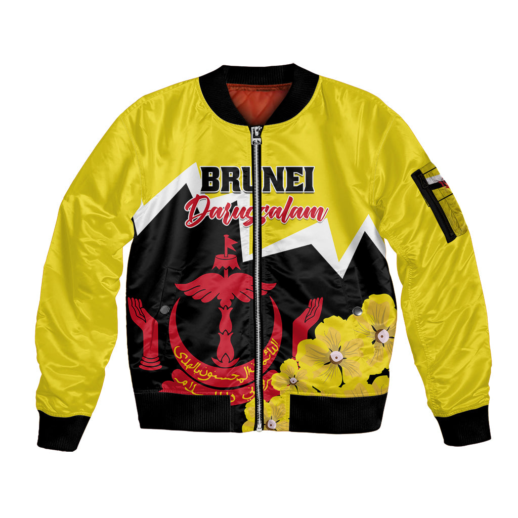 Brunei Darussalam National Day Sleeve Zip Bomber Jacket Coat Of Arms Simpor Flower - Wonder Print Shop