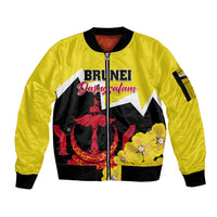 Brunei Darussalam National Day Sleeve Zip Bomber Jacket Coat Of Arms Simpor Flower - Wonder Print Shop