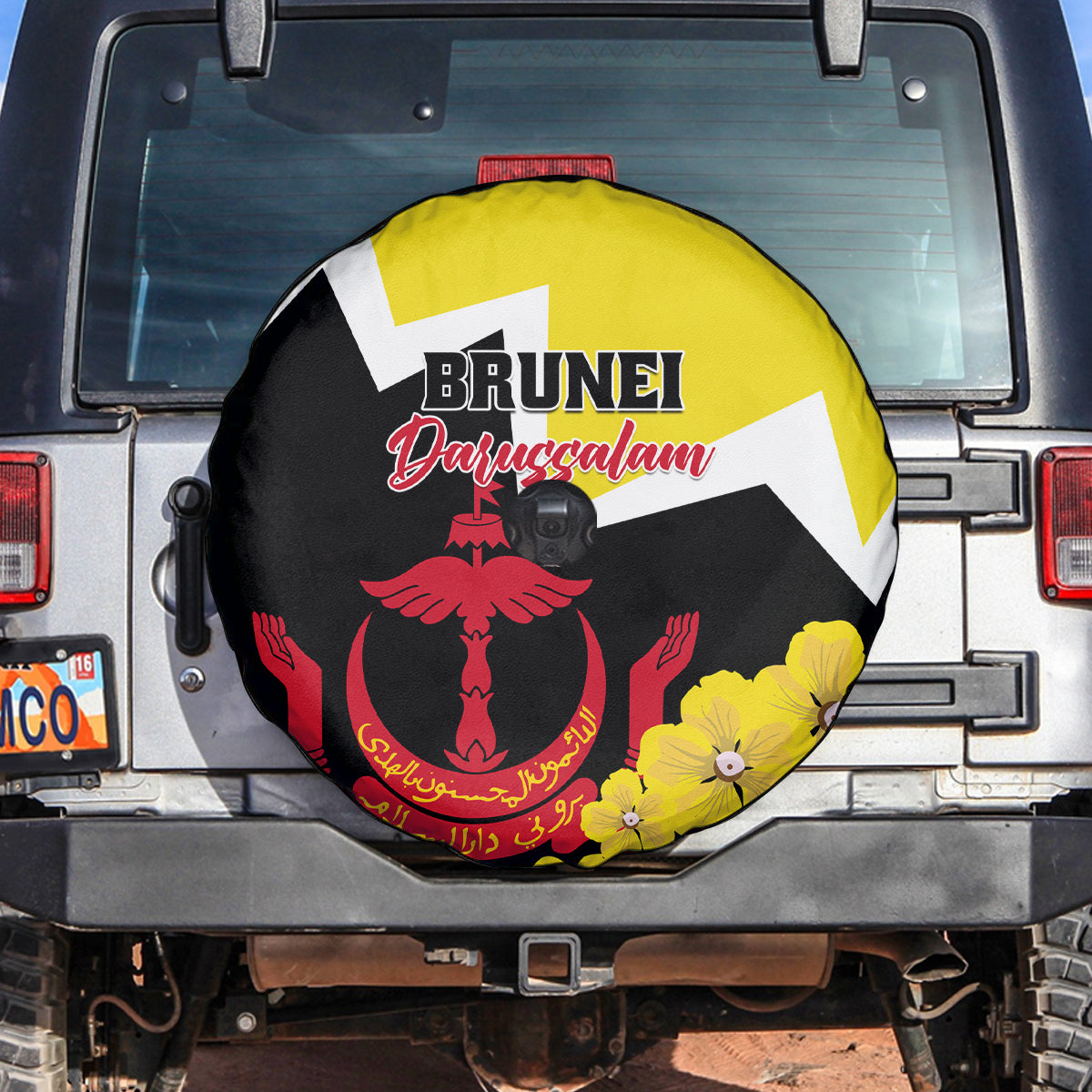 Brunei Darussalam National Day Spare Tire Cover Coat Of Arms Simpor Flower - Wonder Print Shop