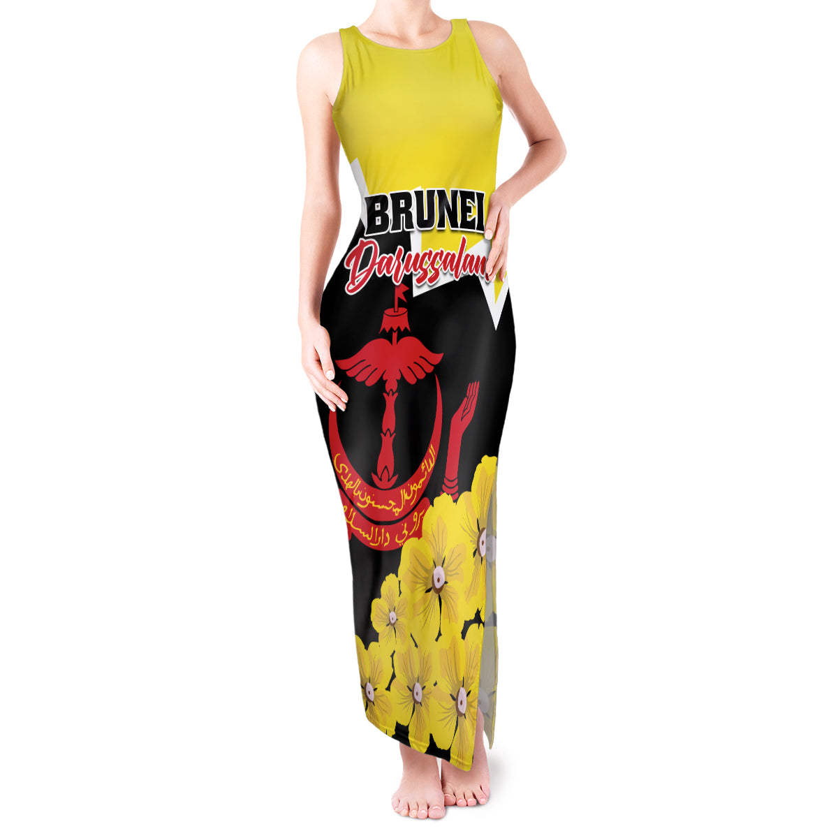 Brunei Darussalam National Day Tank Maxi Dress Coat Of Arms Simpor Flower - Wonder Print Shop