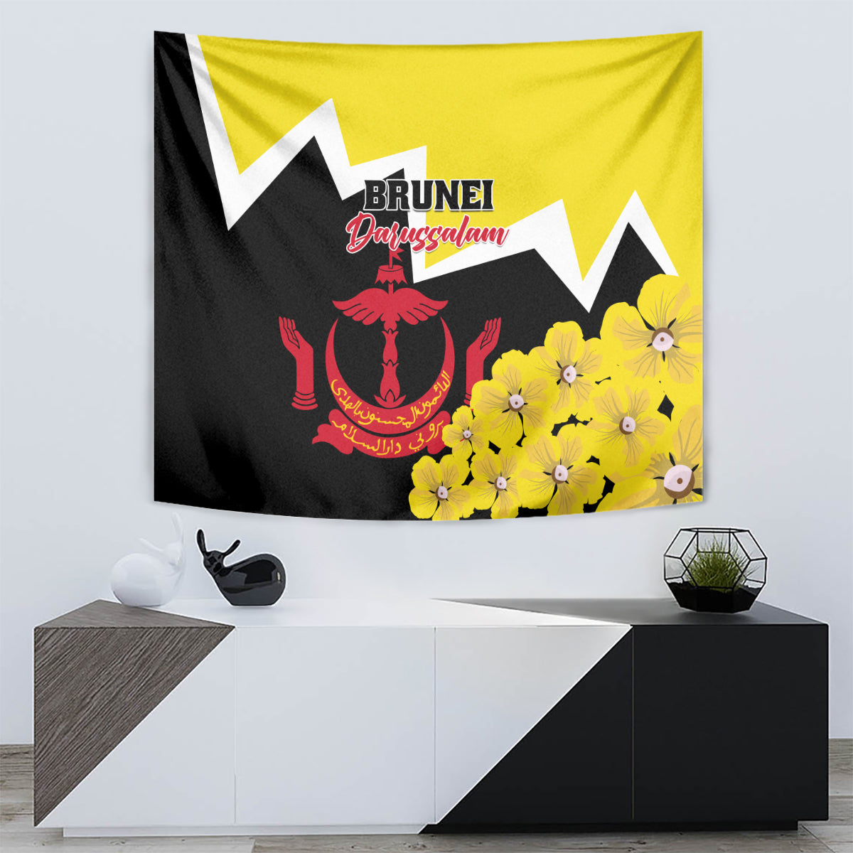 Brunei Darussalam National Day Tapestry Coat Of Arms Simpor Flower - Wonder Print Shop