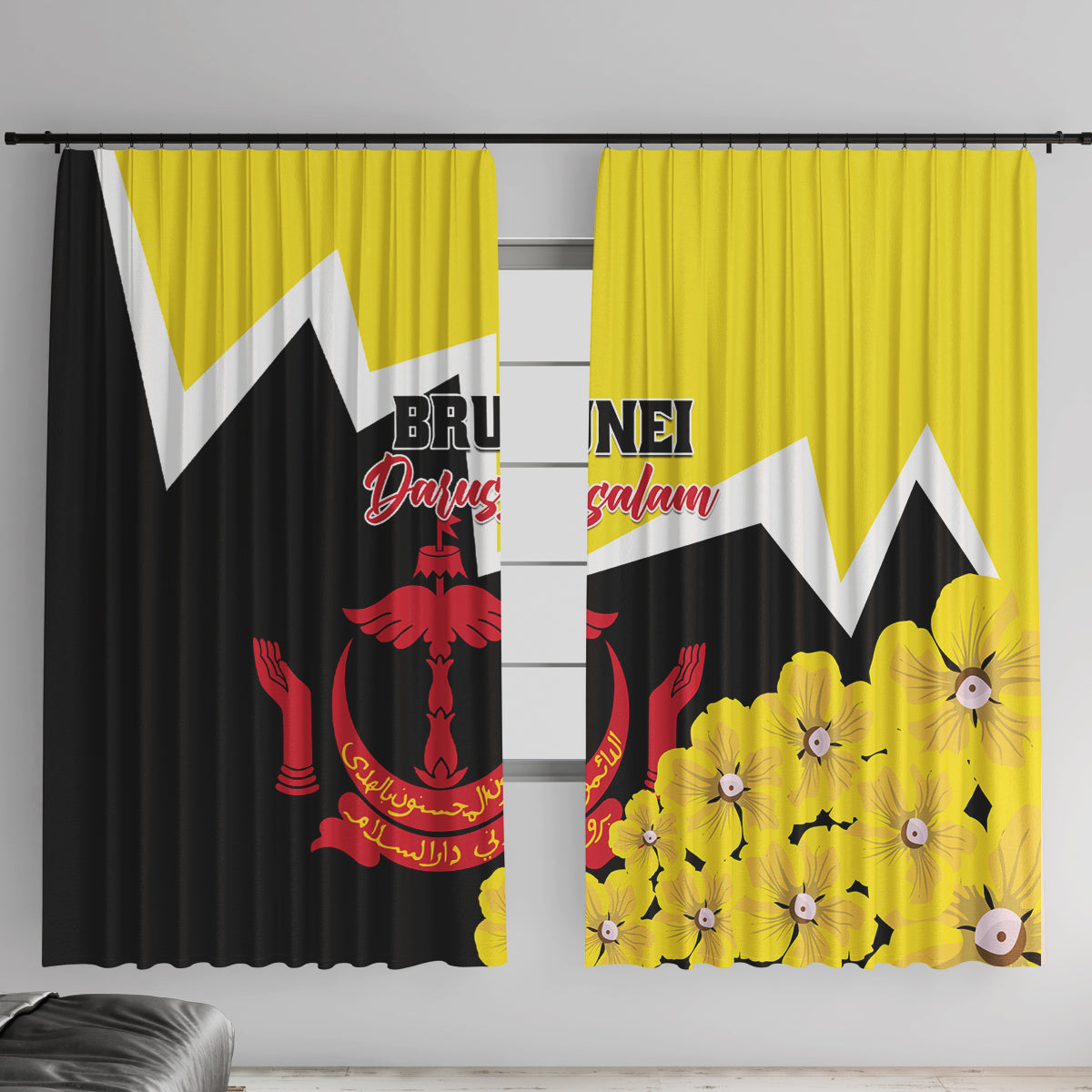 Brunei Darussalam National Day Window Curtain Coat Of Arms Simpor Flower - Wonder Print Shop
