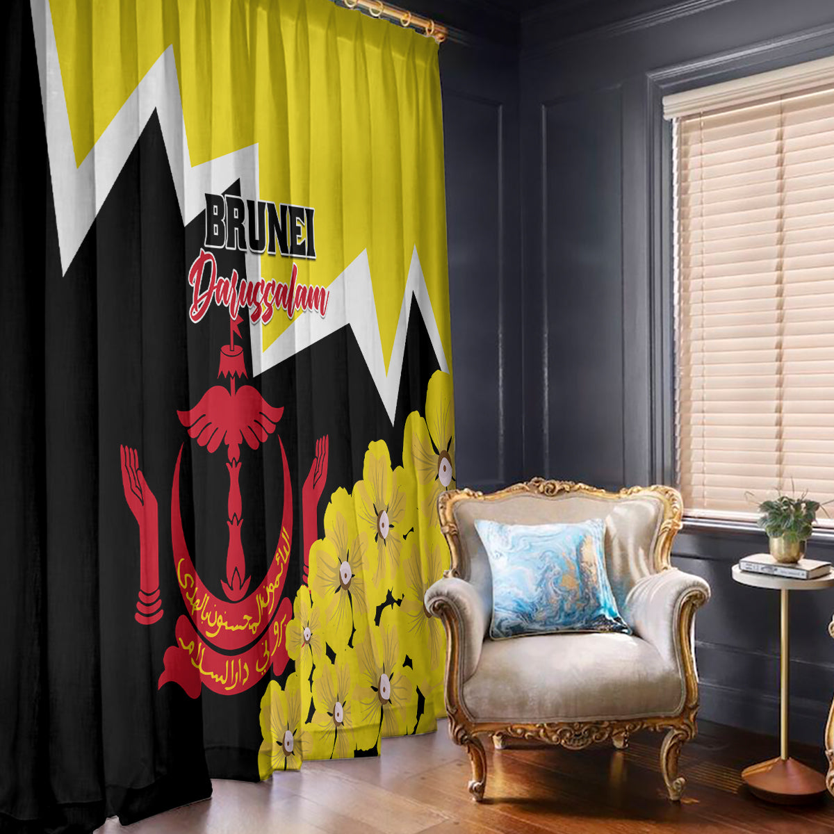 Brunei Darussalam National Day Window Curtain Coat Of Arms Simpor Flower - Wonder Print Shop