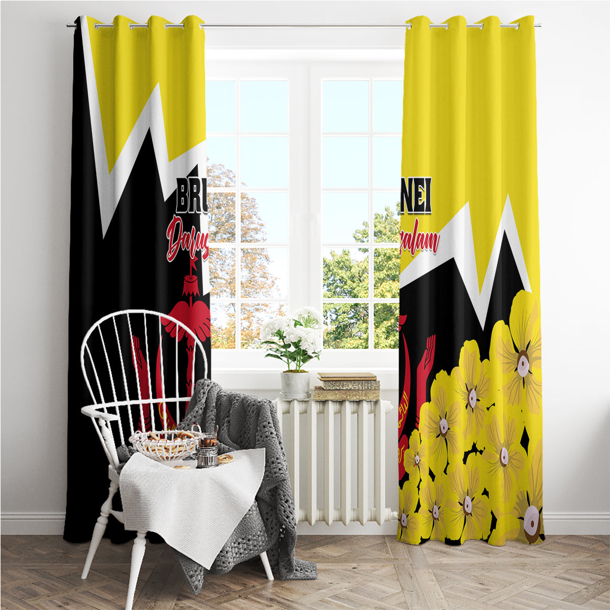 Brunei Darussalam National Day Window Curtain Coat Of Arms Simpor Flower - Wonder Print Shop