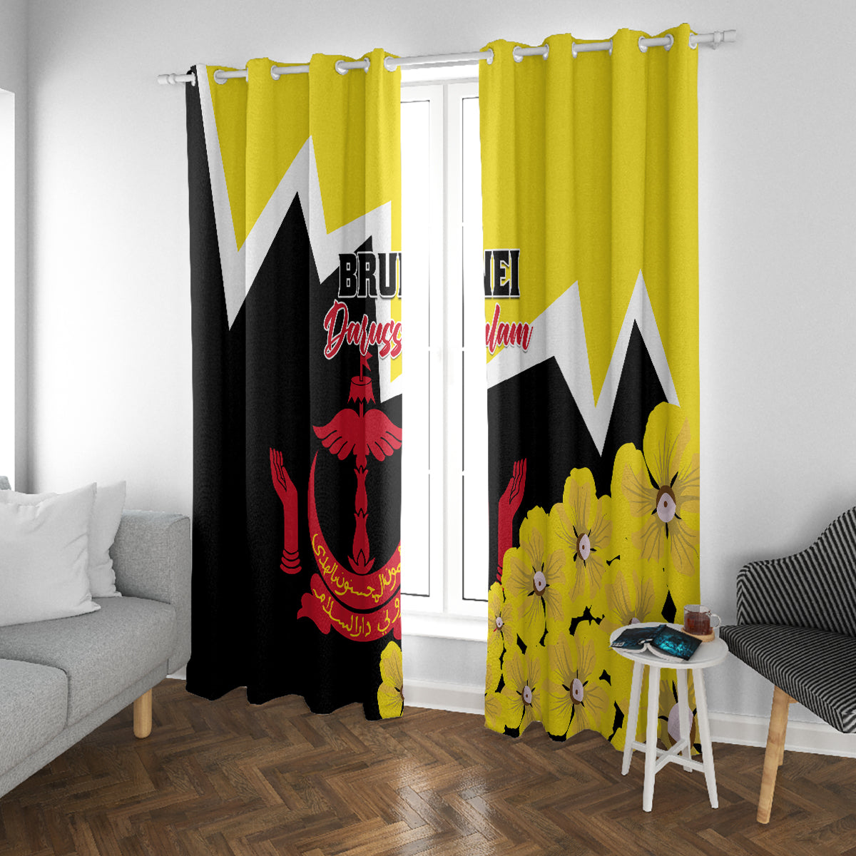 Brunei Darussalam National Day Window Curtain Coat Of Arms Simpor Flower - Wonder Print Shop