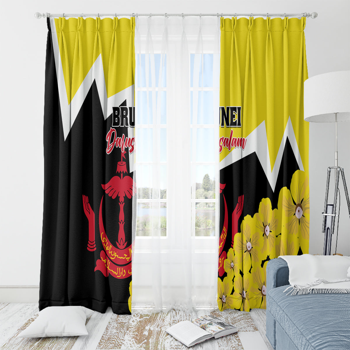 Brunei Darussalam National Day Window Curtain Coat Of Arms Simpor Flower - Wonder Print Shop