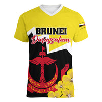 Brunei Darussalam National Day Women V Neck T Shirt Coat Of Arms Simpor Flower - Wonder Print Shop