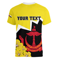 Brunei Darussalam National Day Women V Neck T Shirt Coat Of Arms Simpor Flower - Wonder Print Shop