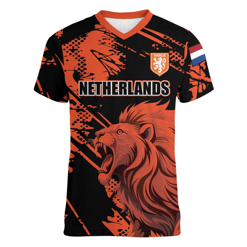 Custom Nederlands 2026 World Football Women V-Neck T-Shirt Hup Holland Hup Lions - Wonder Print Shop