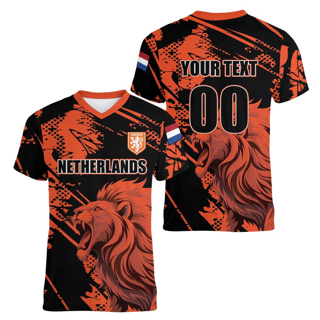 Custom Nederlands 2026 World Football Women V-Neck T-Shirt Hup Holland Hup Lions - Wonder Print Shop