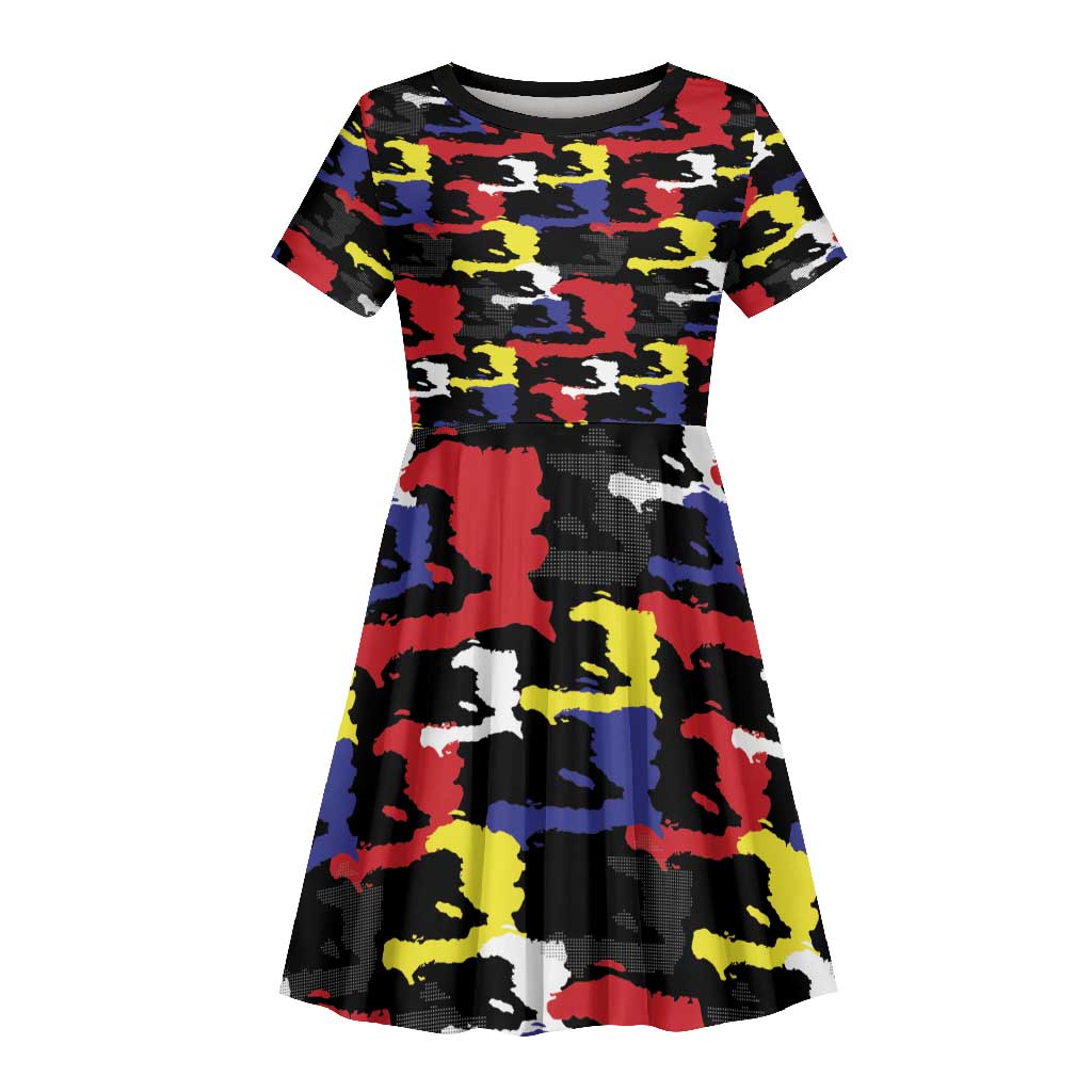 Haiti Map Camouflage Colorful Kid Short Sleeve Dress - Wonder Print Shop