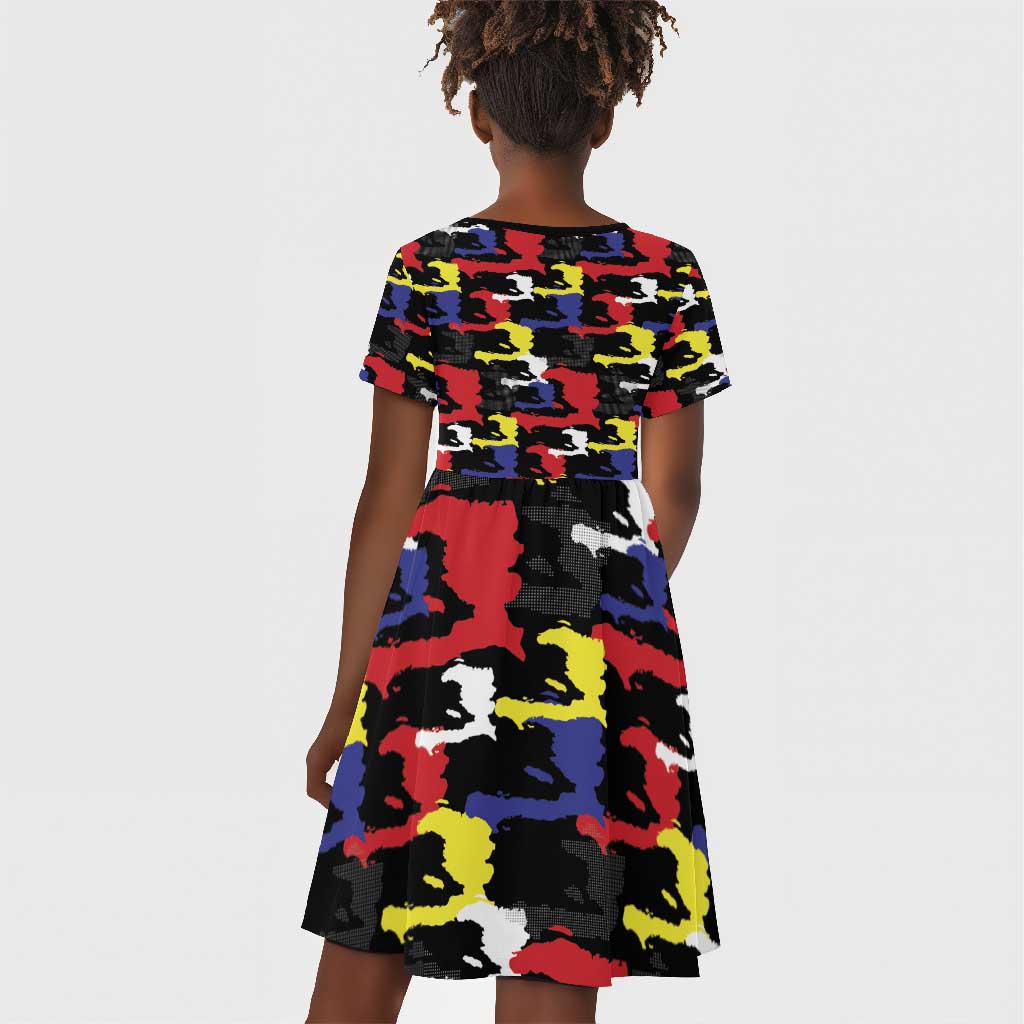 Haiti Map Camouflage Colorful Kid Short Sleeve Dress - Wonder Print Shop