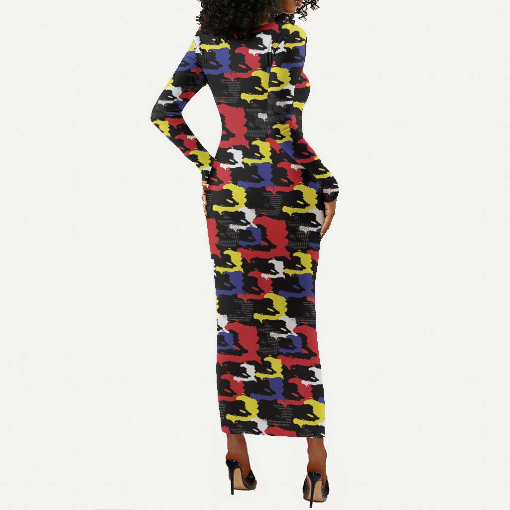 Haiti Map Camouflage Colorful Long Sleeve Bodycon Dress - Wonder Print Shop
