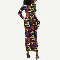 Haiti Map Camouflage Colorful Long Sleeve Bodycon Dress - Wonder Print Shop