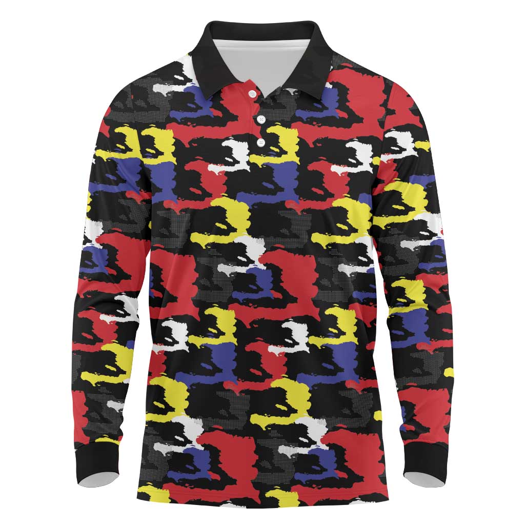 Haiti Map Camouflage Colorful Long Sleeve Polo Shirt - Wonder Print Shop