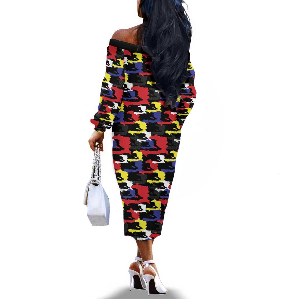 Haiti Map Camouflage Colorful Off The Shoulder Long Sleeve Dress - Wonder Print Shop