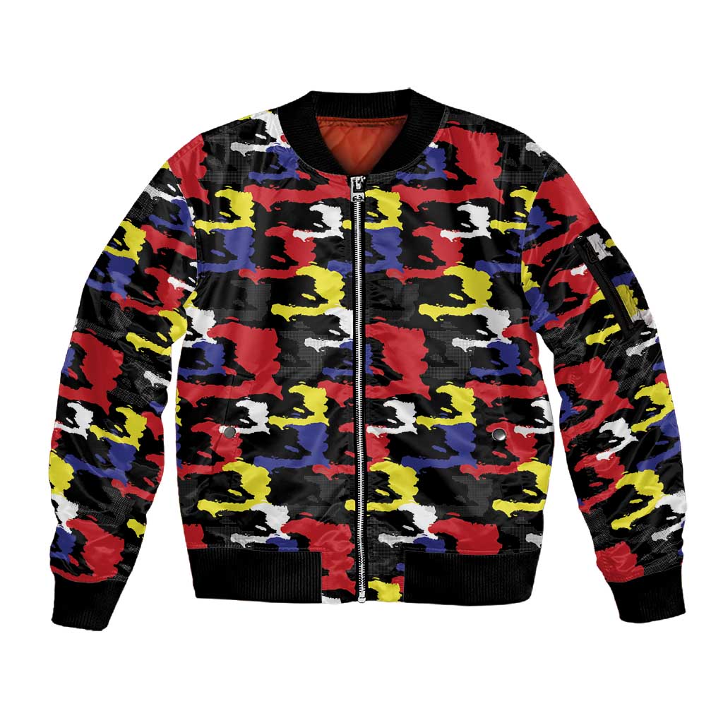 Haiti Map Camouflage Colorful Sleeve Zip Bomber Jacket - Wonder Print Shop