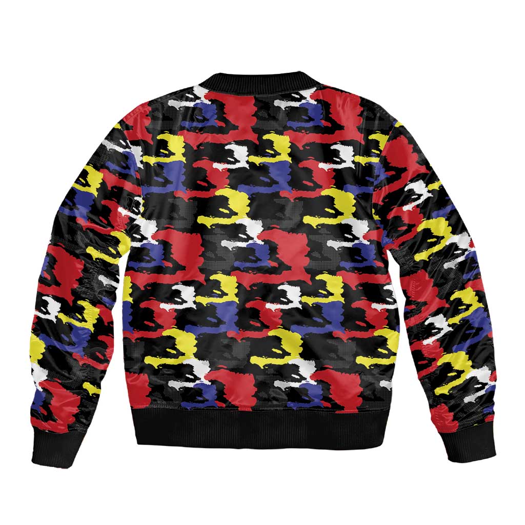Haiti Map Camouflage Colorful Sleeve Zip Bomber Jacket - Wonder Print Shop