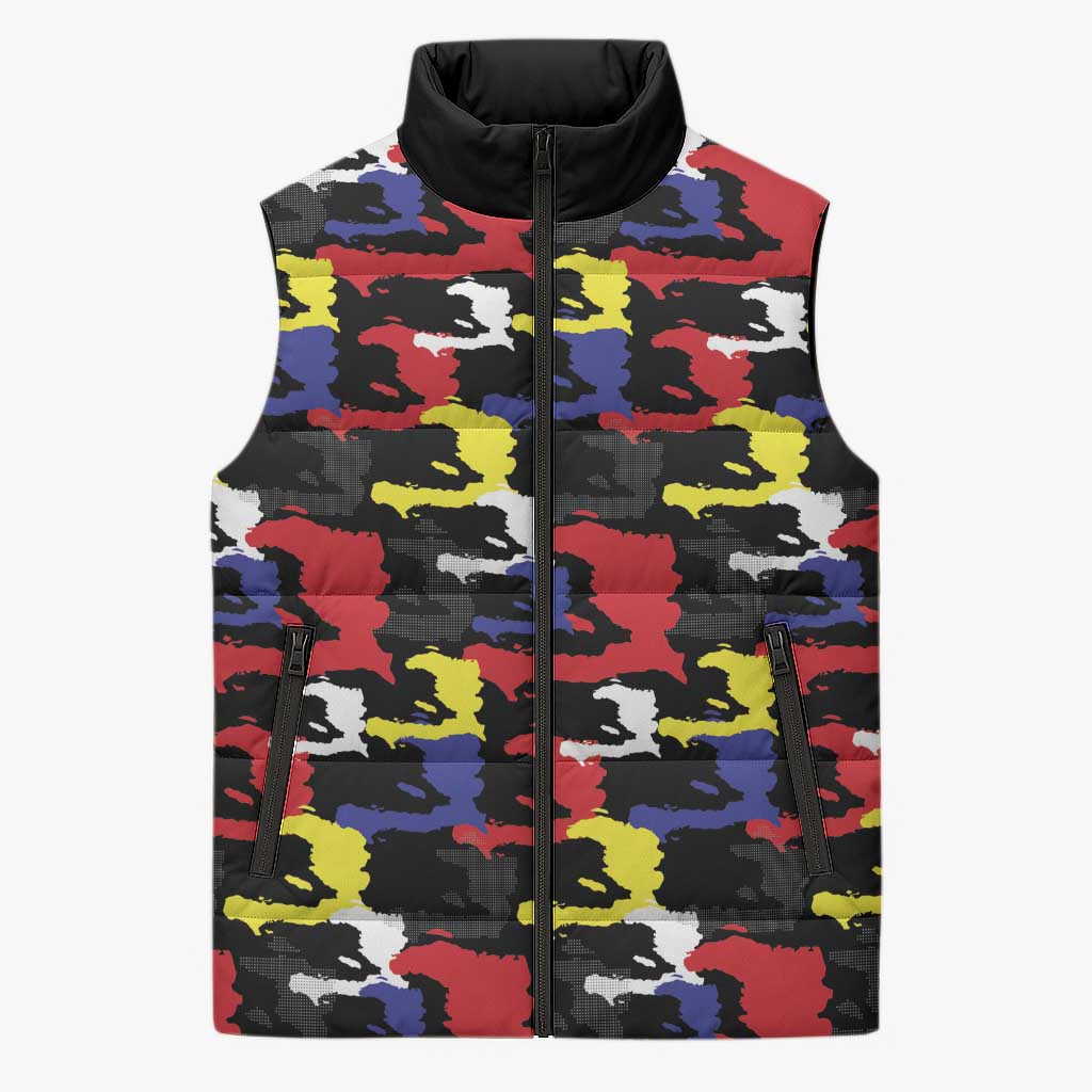 Haiti Map Camouflage Colorful Sleeveless Puffer Jacket - Wonder Print Shop