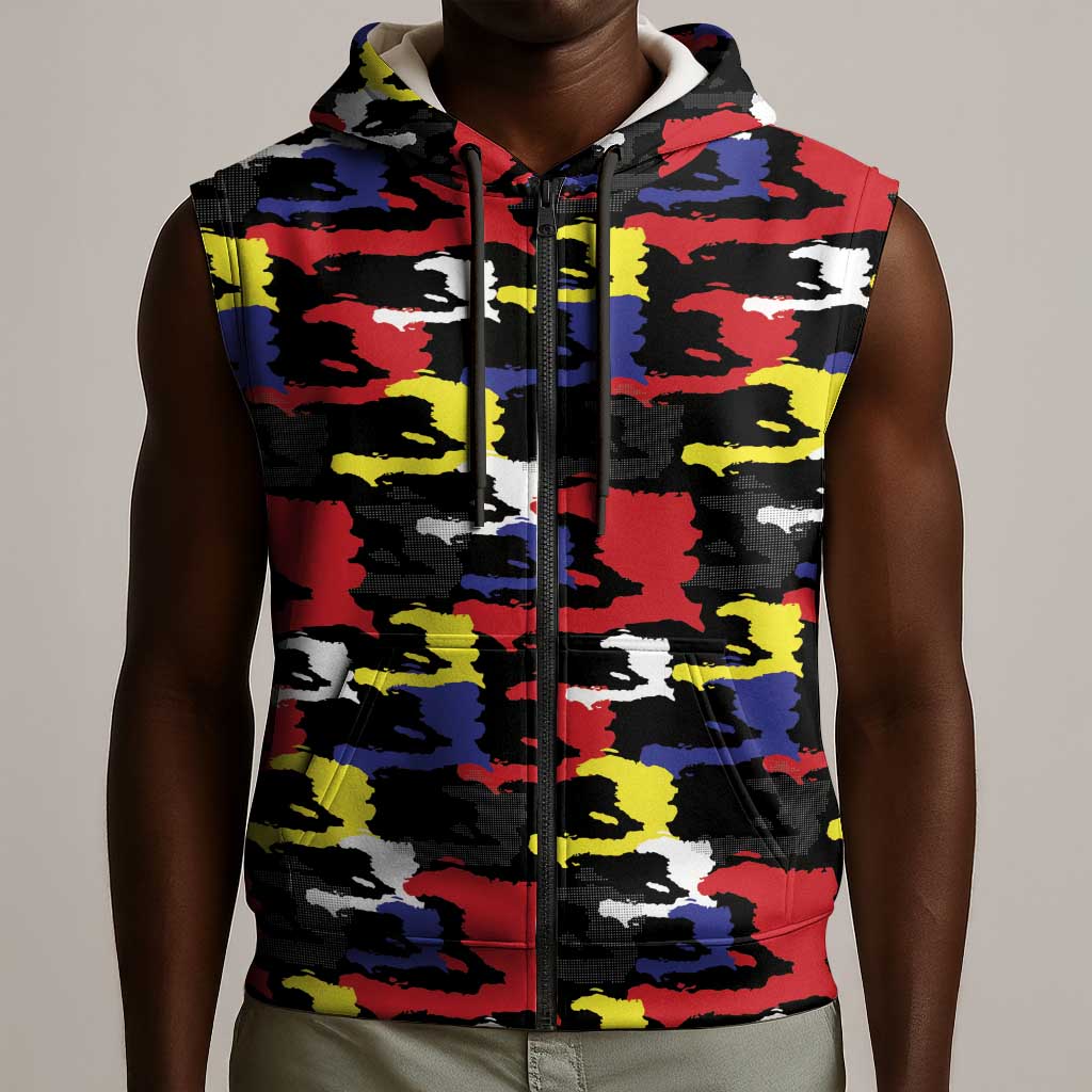 Haiti Map Camouflage Colorful Sleeveless Zip Hoodie - Wonder Print Shop