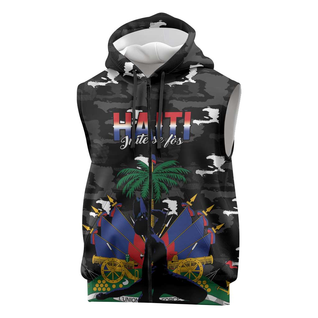 Personalized Haiti Map Camouflage Sleeveless Zip Hoodie Unique Style - Wonder Print Shop