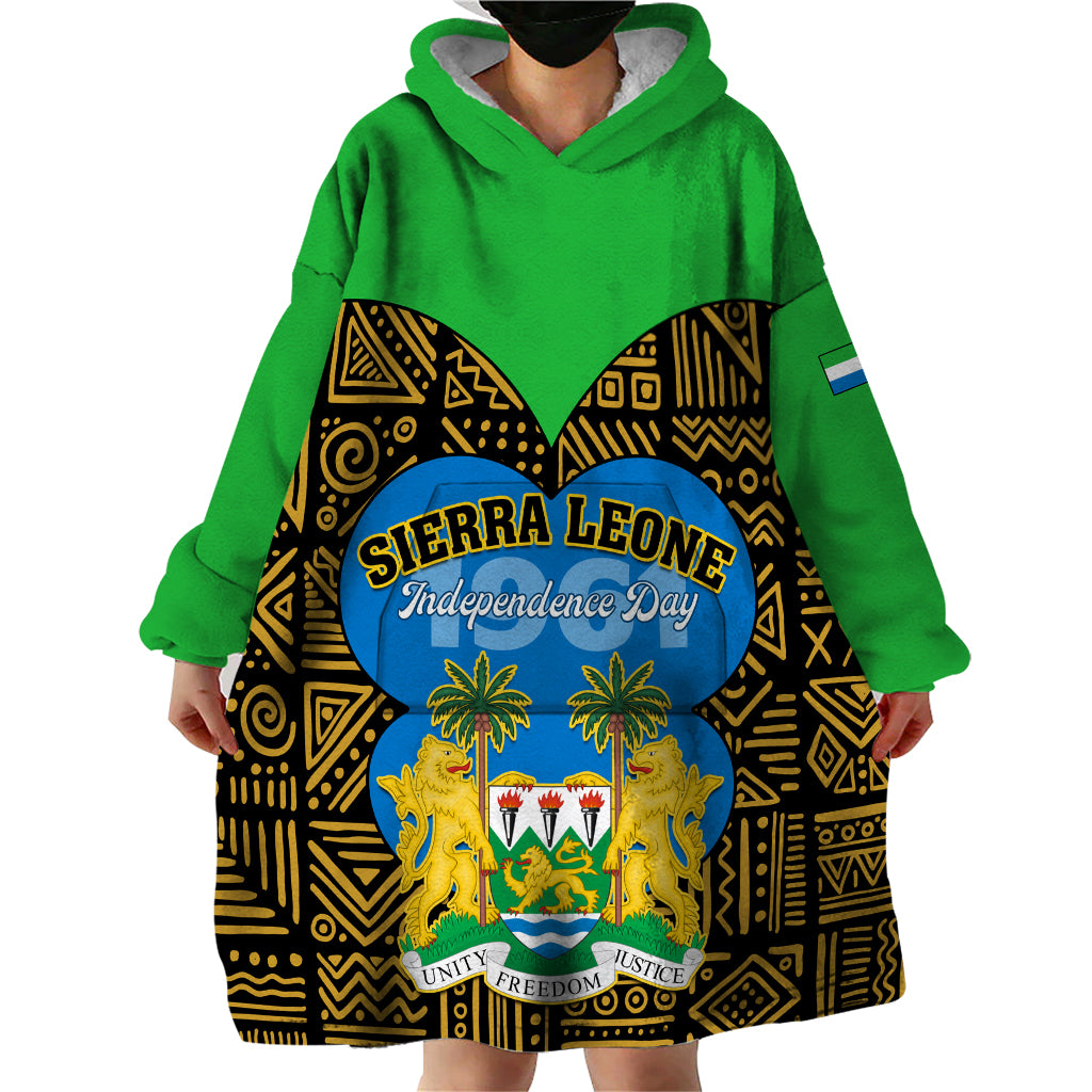 Sierra Leone Independence Day 2024 Wearable Blanket Hoodie Happy 63rd Anniversary African Pattern - Wonder Print Shop