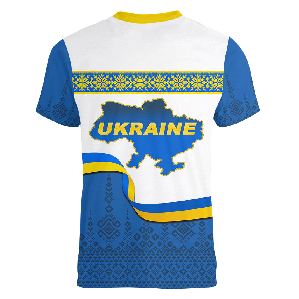 Ukraine Women V Neck T Shirt Ukrainian Map Vyshyvanka Pattern - Wonder Print Shop