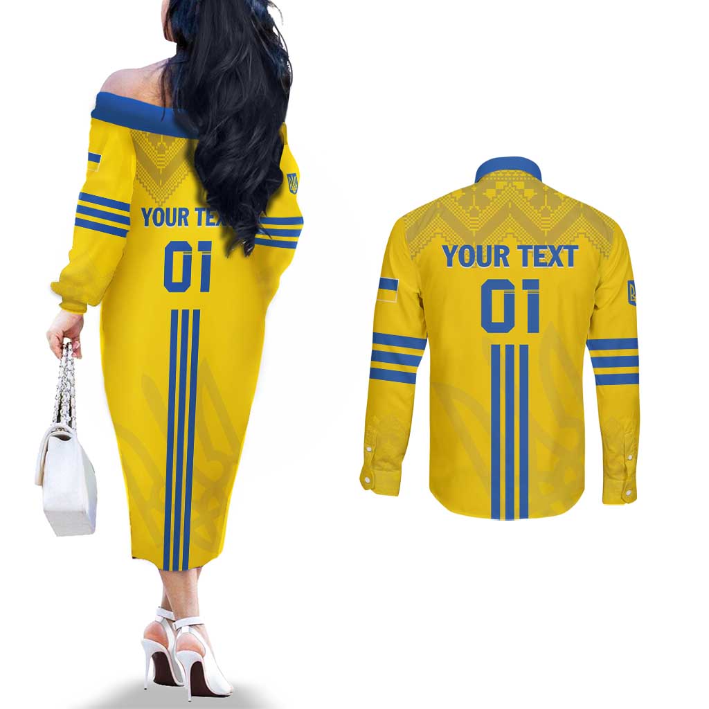 Custom Ukraine 2024 Football Couples Matching Off The Shoulder Long Sleeve Dress and Long Sleeve Button Shirt Ukrainian Folk Pattern