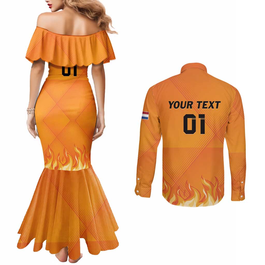 Custom Netherlands 2024 Football Couples Matching Mermaid Dress and Long Sleeve Button Shirt Holland Oranje Lions