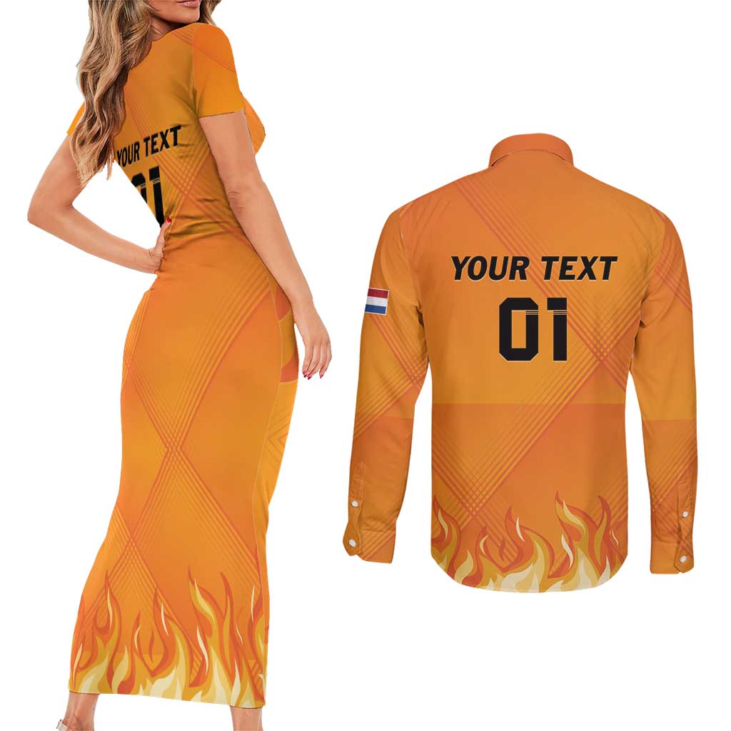 Custom Netherlands 2024 Football Couples Matching Short Sleeve Bodycon Dress and Long Sleeve Button Shirt Holland Oranje Lions - Wonder Print Shop
