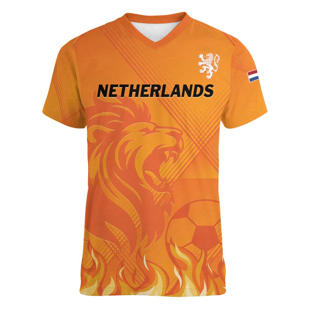 Custom Netherlands 2024 Football Women V-Neck T-Shirt Holland Oranje Lions - Wonder Print Shop