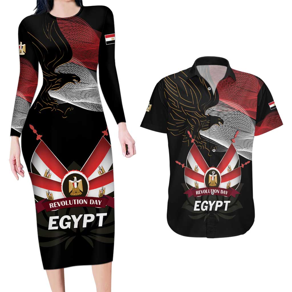 Personalized Egypt Revolution Day Couples Matching Long Sleeve Bodycon Dress and Hawaiian Shirt Steppe Eagle Lotus Flower - Wonder Print Shop