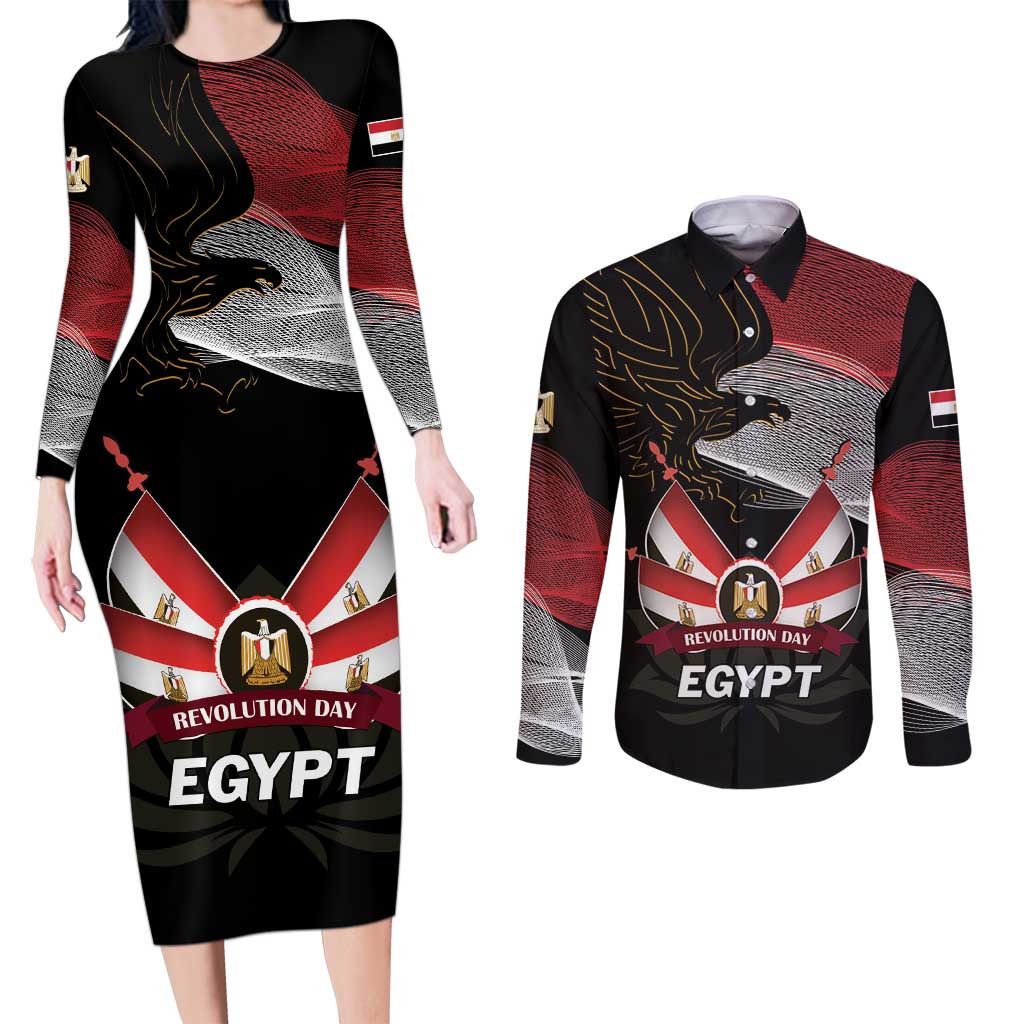Personalized Egypt Revolution Day Couples Matching Long Sleeve Bodycon Dress and Long Sleeve Button Shirt Steppe Eagle Lotus Flower - Wonder Print Shop