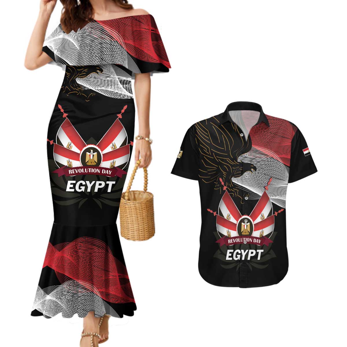 Personalized Egypt Revolution Day Couples Matching Mermaid Dress and Hawaiian Shirt Steppe Eagle Lotus Flower - Wonder Print Shop