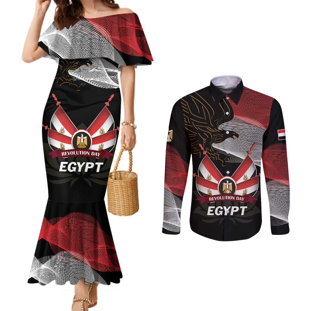 Personalized Egypt Revolution Day Couples Matching Mermaid Dress and Long Sleeve Button Shirt Steppe Eagle Lotus Flower