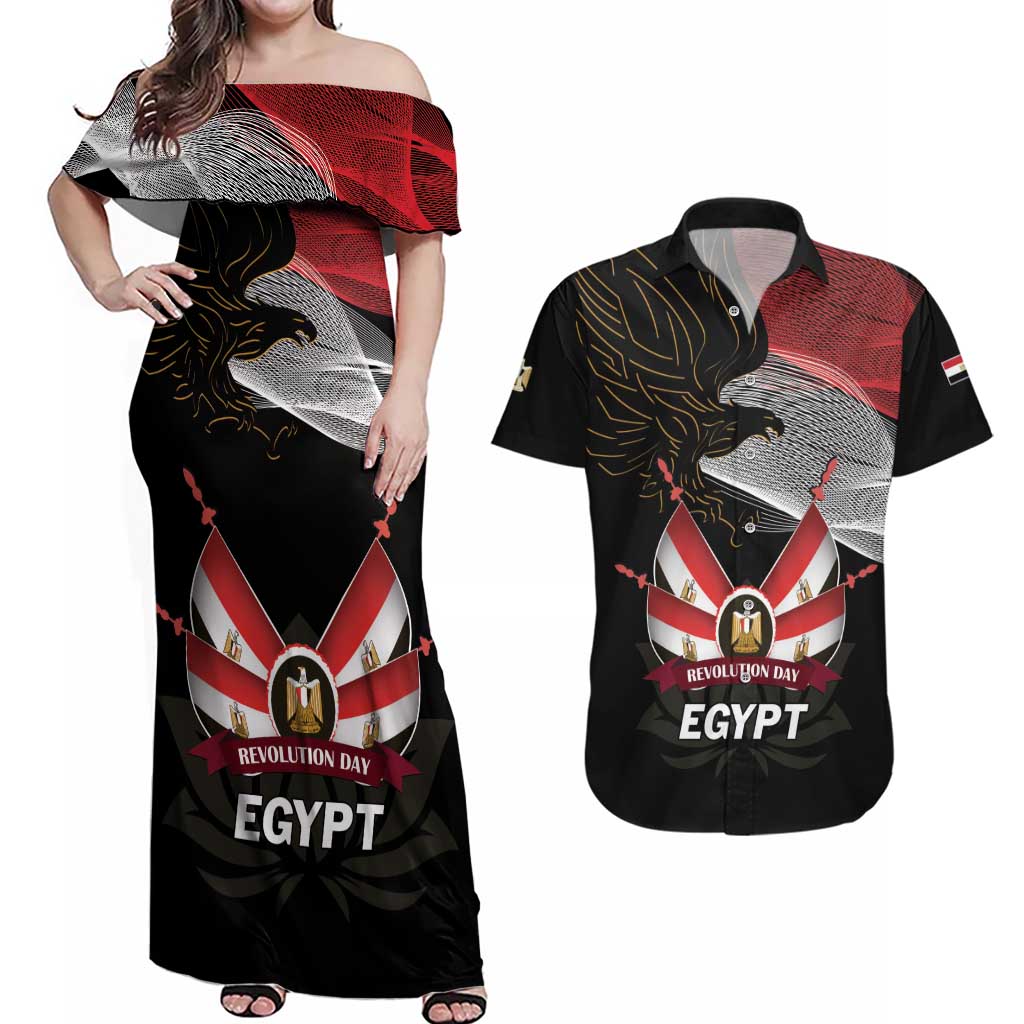 Personalized Egypt Revolution Day Couples Matching Off Shoulder Maxi Dress and Hawaiian Shirt Steppe Eagle Lotus Flower - Wonder Print Shop