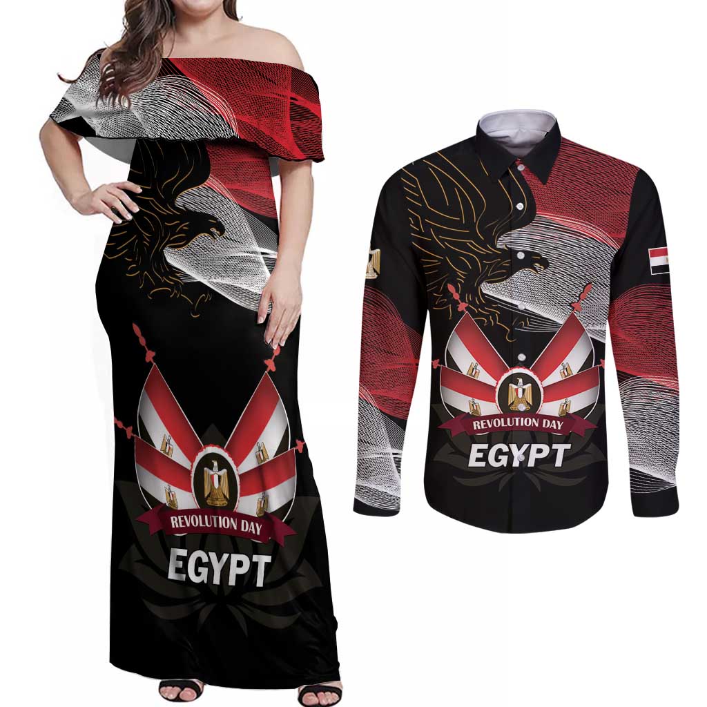 Personalized Egypt Revolution Day Couples Matching Off Shoulder Maxi Dress and Long Sleeve Button Shirt Steppe Eagle Lotus Flower - Wonder Print Shop