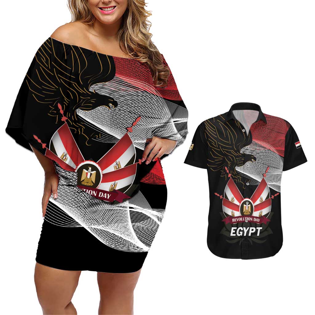 Personalized Egypt Revolution Day Couples Matching Off Shoulder Short Dress and Hawaiian Shirt Steppe Eagle Lotus Flower - Wonder Print Shop
