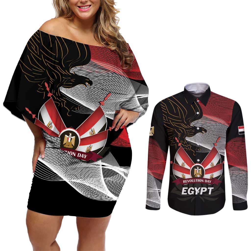 Personalized Egypt Revolution Day Couples Matching Off Shoulder Short Dress and Long Sleeve Button Shirt Steppe Eagle Lotus Flower - Wonder Print Shop