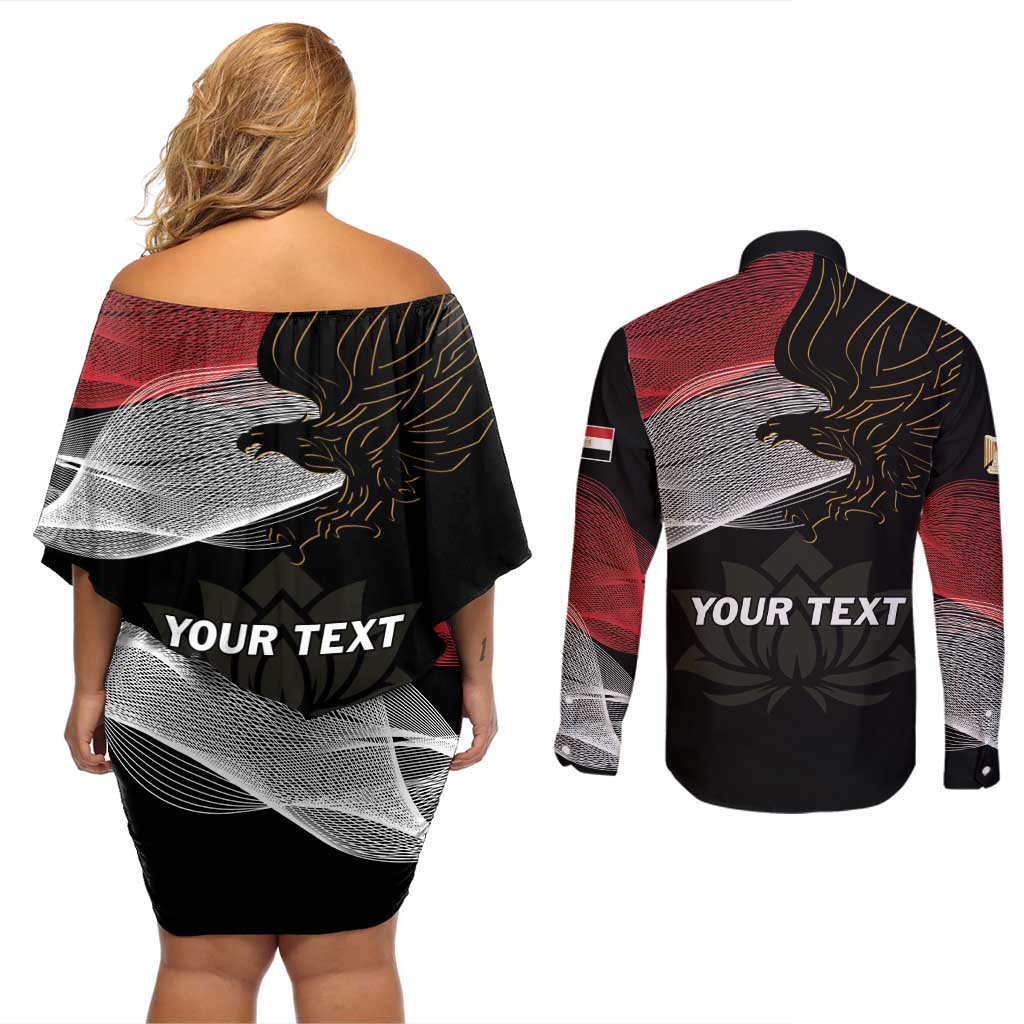 Personalized Egypt Revolution Day Couples Matching Off Shoulder Short Dress and Long Sleeve Button Shirt Steppe Eagle Lotus Flower - Wonder Print Shop