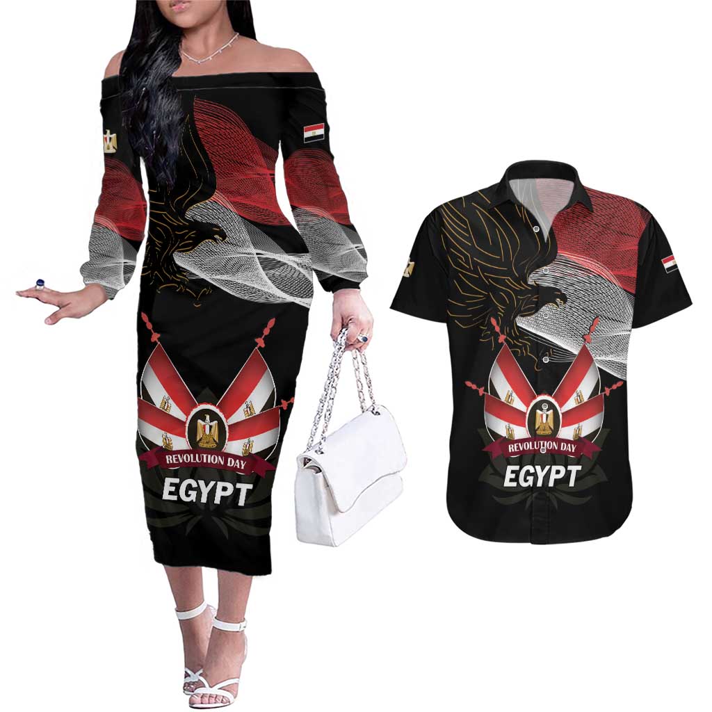 Personalized Egypt Revolution Day Couples Matching Off The Shoulder Long Sleeve Dress and Hawaiian Shirt Steppe Eagle Lotus Flower - Wonder Print Shop