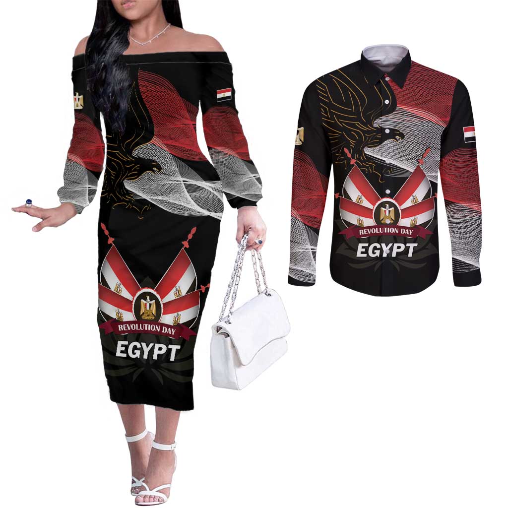 Personalized Egypt Revolution Day Couples Matching Off The Shoulder Long Sleeve Dress and Long Sleeve Button Shirt Steppe Eagle Lotus Flower