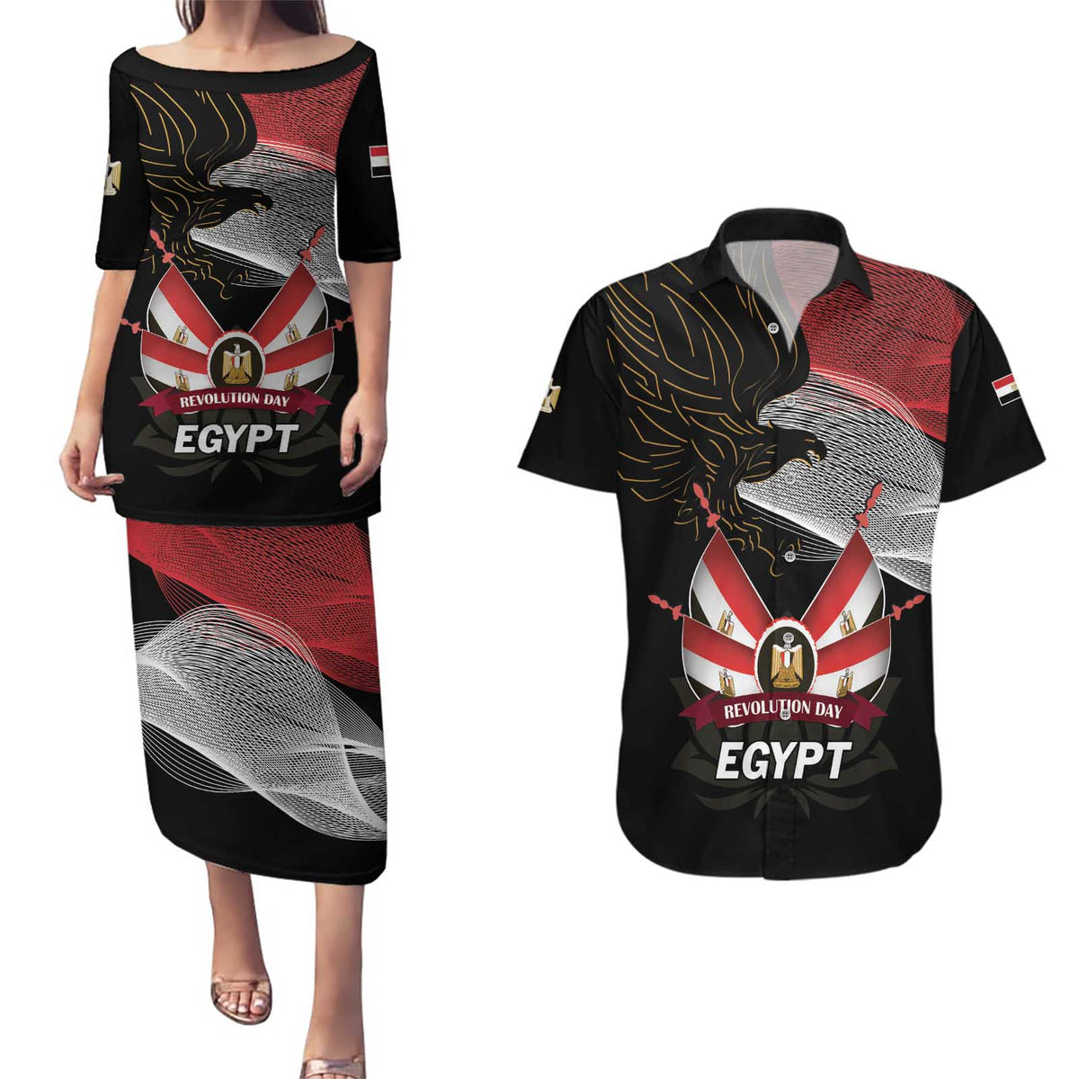 Personalized Egypt Revolution Day Couples Matching Puletasi and Hawaiian Shirt Steppe Eagle Lotus Flower - Wonder Print Shop