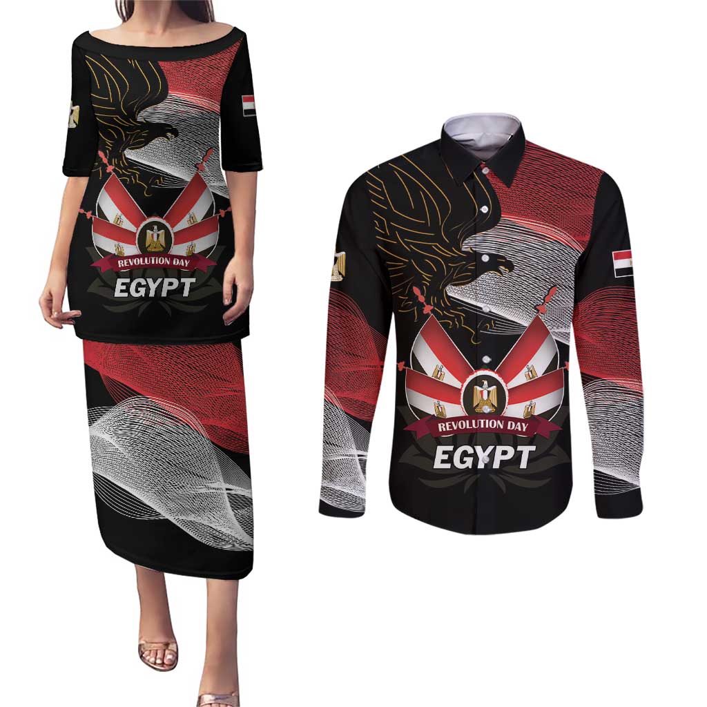 Personalized Egypt Revolution Day Couples Matching Puletasi and Long Sleeve Button Shirt Steppe Eagle Lotus Flower - Wonder Print Shop