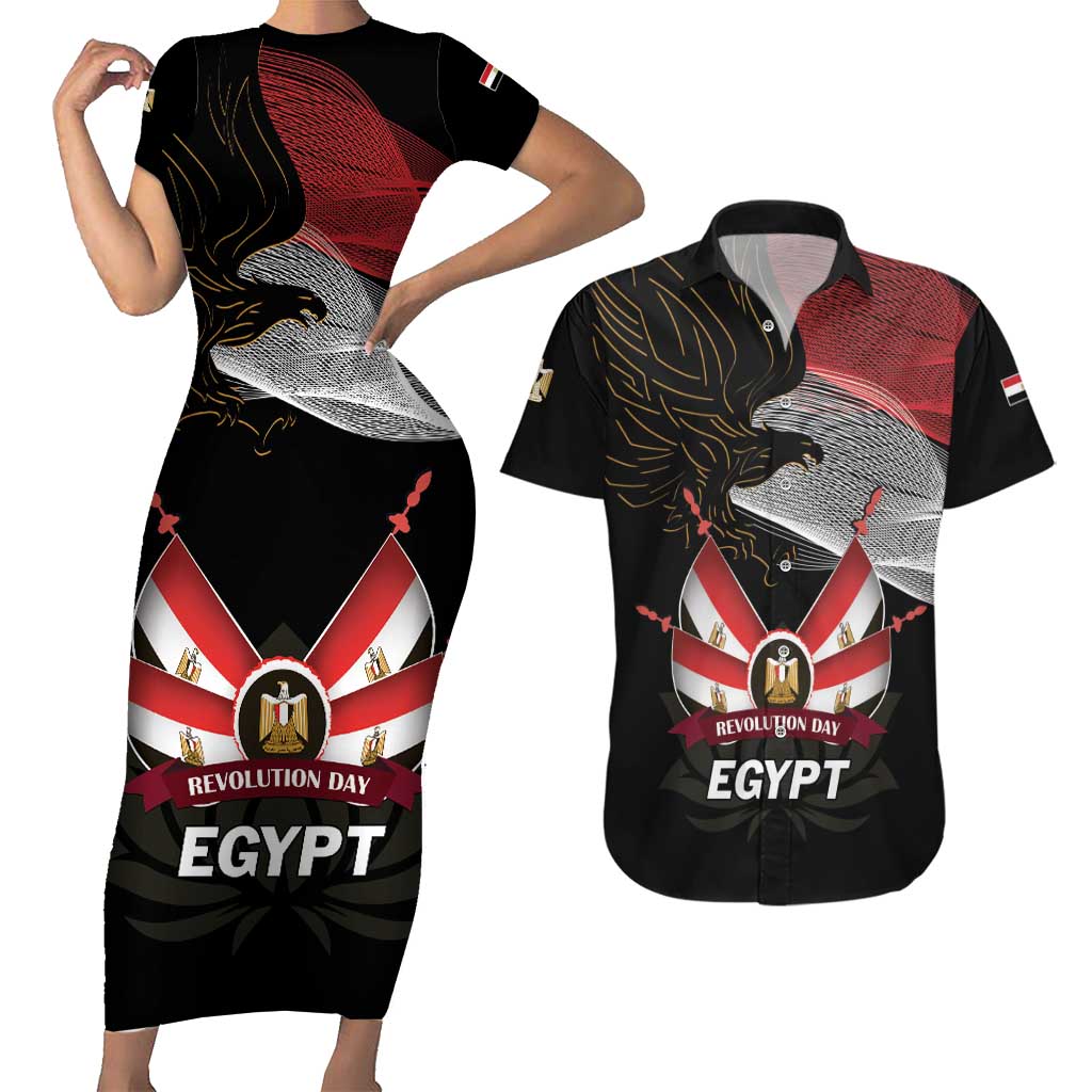 Personalized Egypt Revolution Day Couples Matching Short Sleeve Bodycon Dress and Hawaiian Shirt Steppe Eagle Lotus Flower - Wonder Print Shop