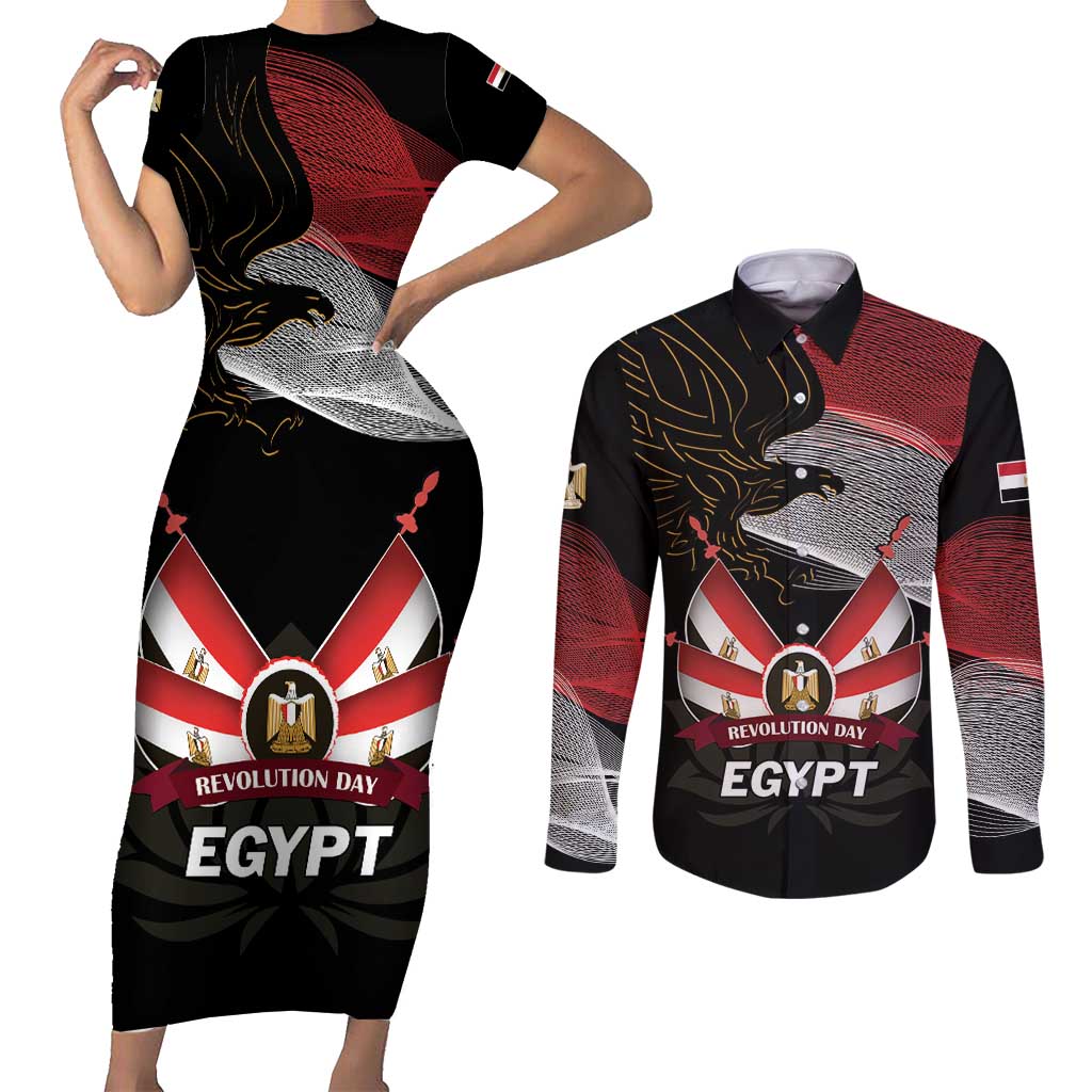 Personalized Egypt Revolution Day Couples Matching Short Sleeve Bodycon Dress and Long Sleeve Button Shirt Steppe Eagle Lotus Flower - Wonder Print Shop