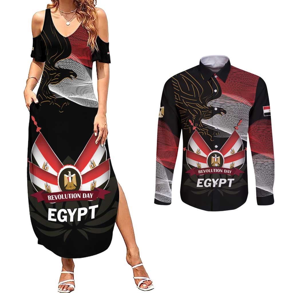 Personalized Egypt Revolution Day Couples Matching Summer Maxi Dress and Long Sleeve Button Shirt Steppe Eagle Lotus Flower - Wonder Print Shop
