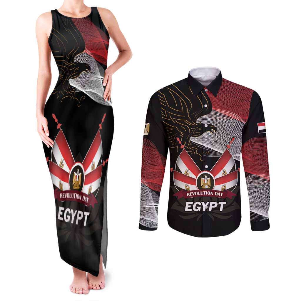 Personalized Egypt Revolution Day Couples Matching Tank Maxi Dress and Long Sleeve Button Shirt Steppe Eagle Lotus Flower - Wonder Print Shop