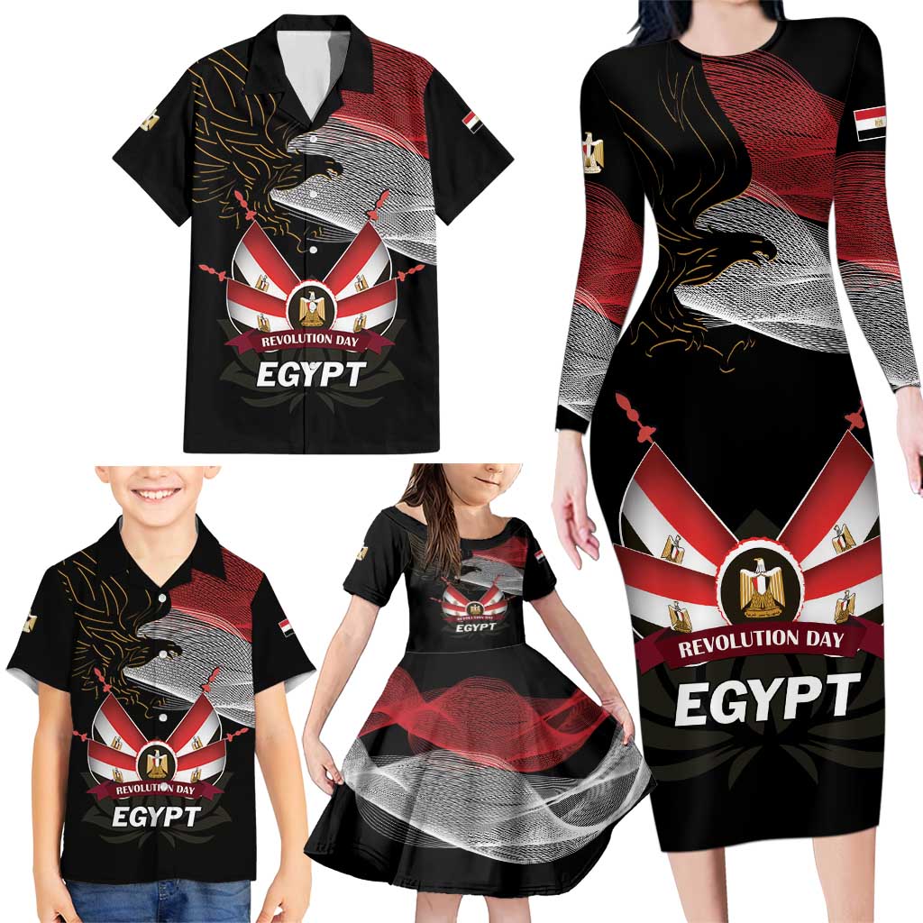 Personalized Egypt Revolution Day Family Matching Long Sleeve Bodycon Dress and Hawaiian Shirt Steppe Eagle Lotus Flower - Wonder Print Shop